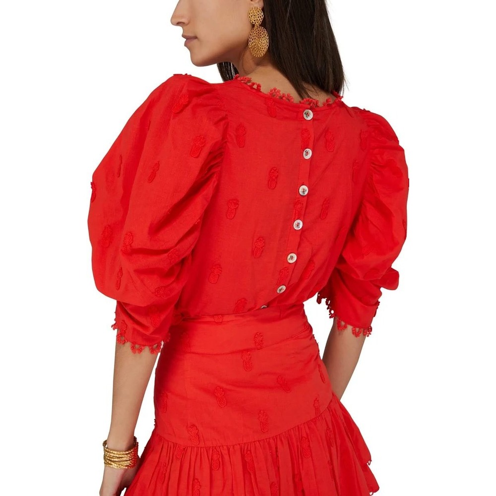 Farm Rio 3D Pineapple Blouse Women Large Red Puff Sleeve Pom Pom Trim Top 300174 - Picture 2 of 10